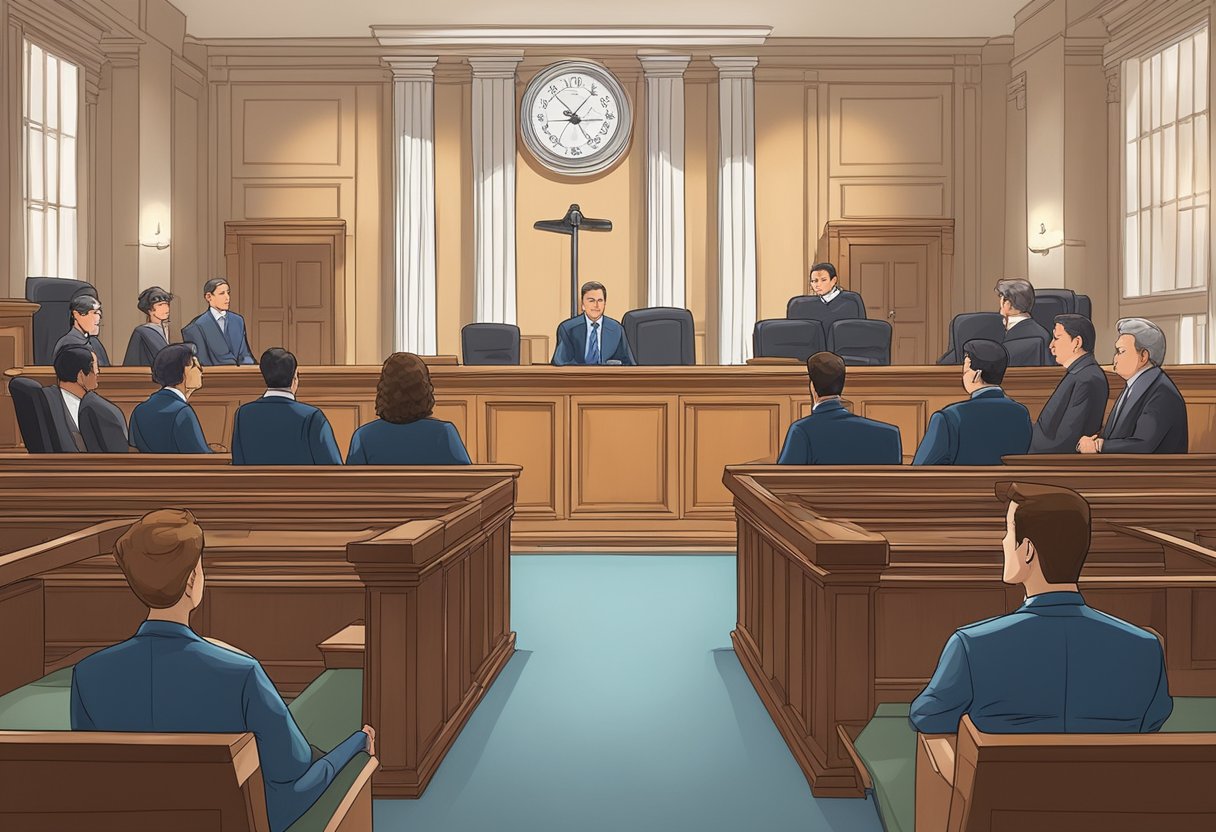 A courtroom scene with lawyers, judge, and jury discussing mesothelioma wrongful death lawsuit