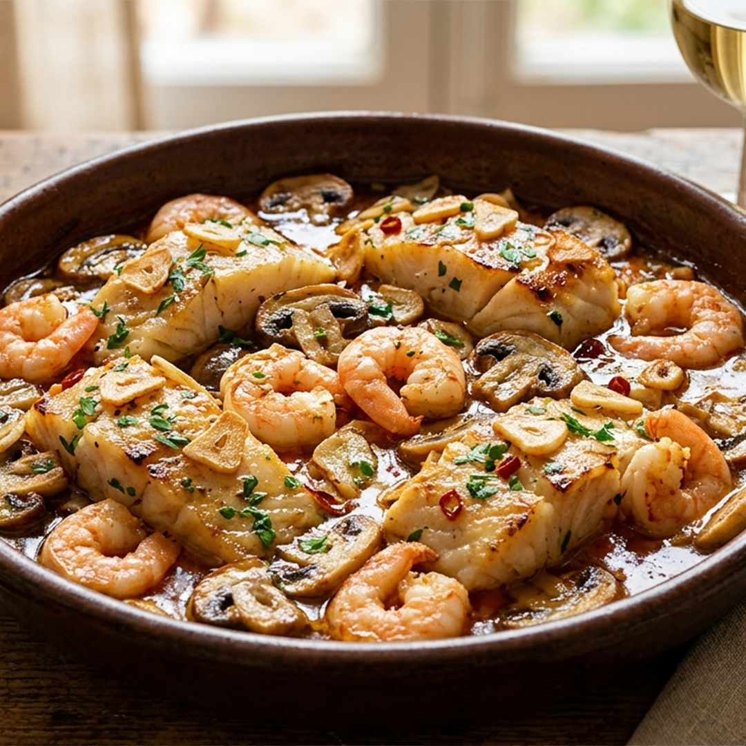 Bacalao con Gambas y Champiñones al Ajillo